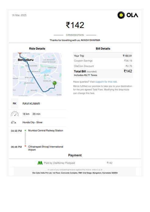 Ola cab receipt preview