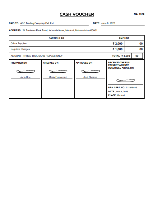 Cash payment voucher preview