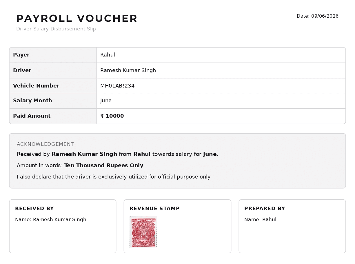 Driver salary acknowledgement preview
