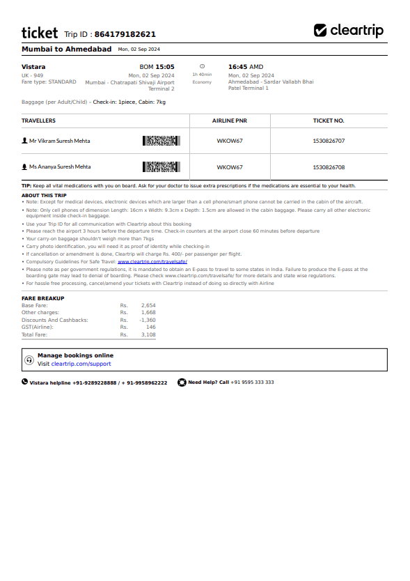 Cleartrip flight itinerary preview