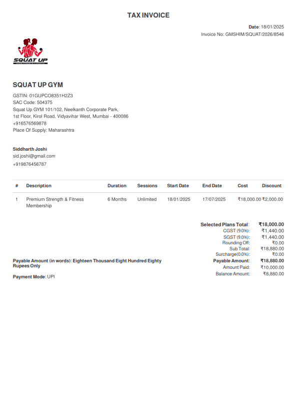 Gym membership receipt preview