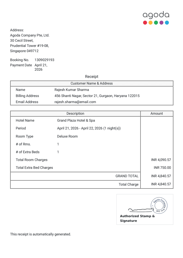 Hotel stay invoice preview