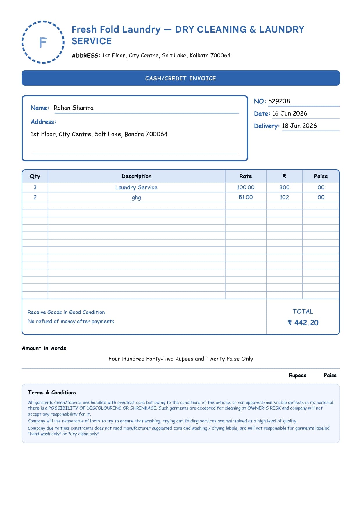 Laundry service bill preview