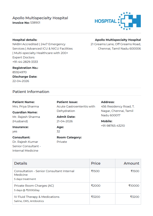 Hospital payment receipt preview