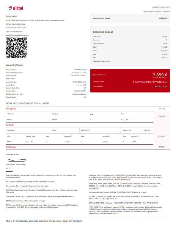 Airtel recharge receipt preview