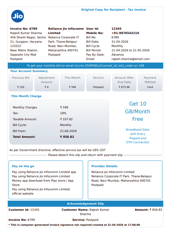 Mobile recharge receipt preview