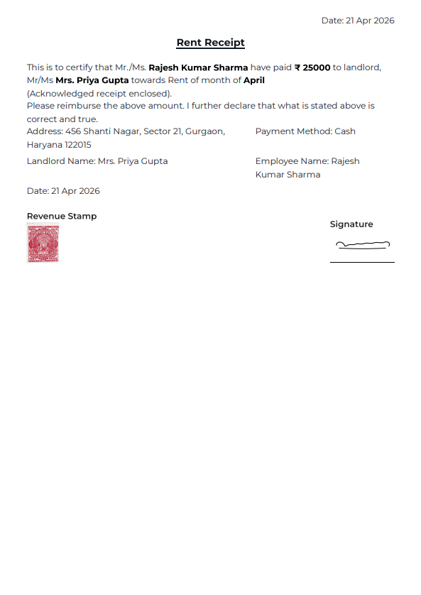 Clean rent receipt preview