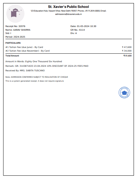 School fee receipt preview