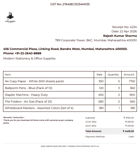 Stationery purchase bill preview