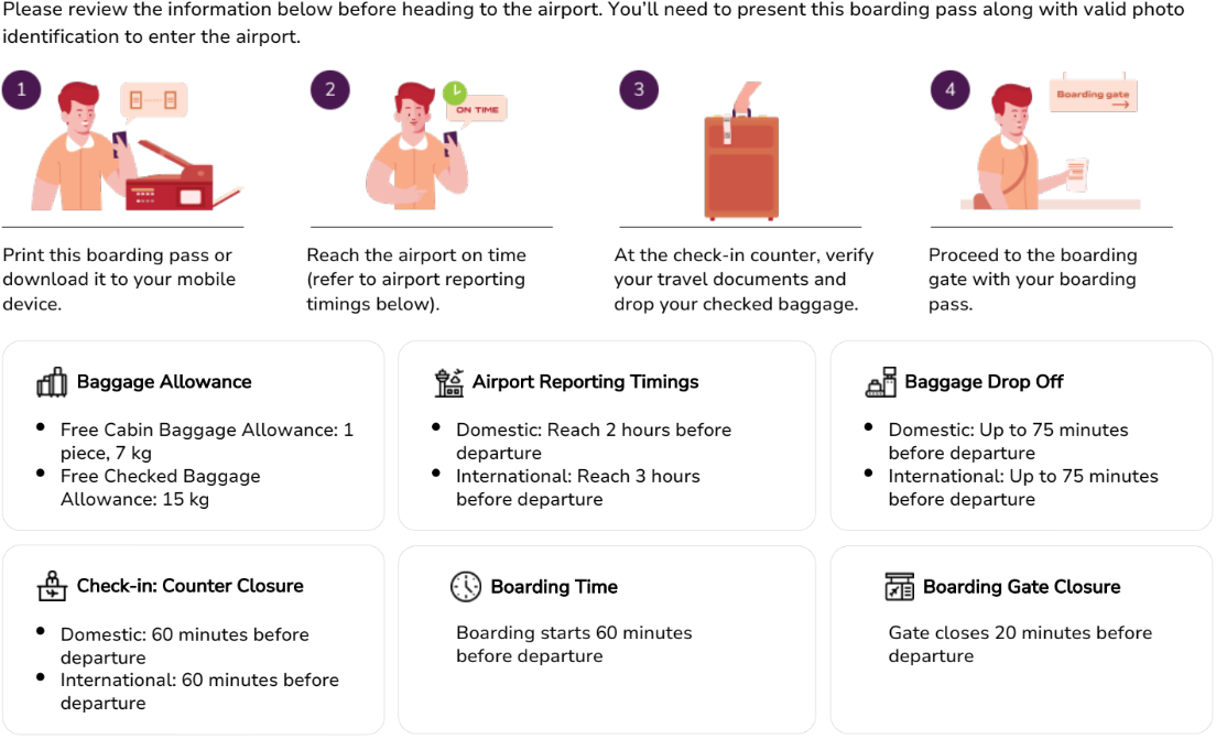 Airport reporting timings and boarding information
