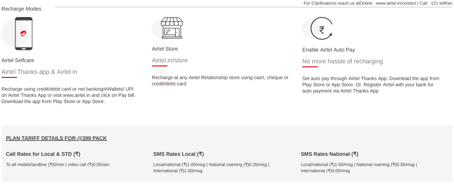 Recharge Modes and Plan Tariff Details