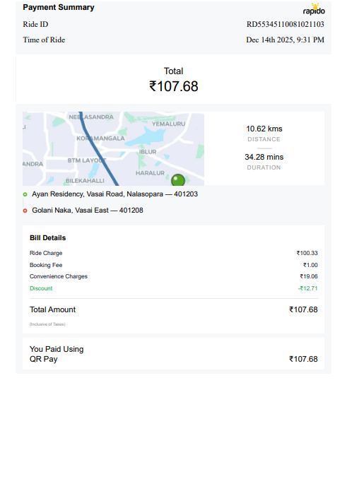 Rapido Bike Receipt preview