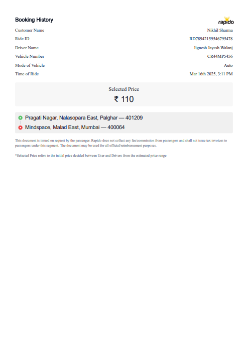 Rapido Auto Receipt preview