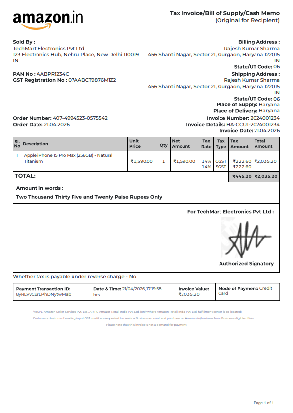 Amazon Bill of Supply/Tax Invoice preview